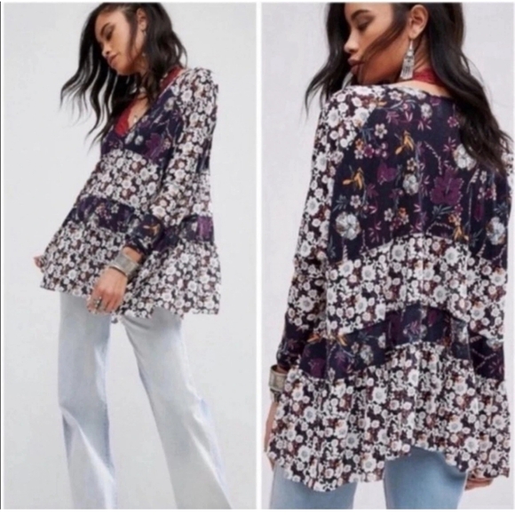 Free People Isabelle Floral Tunic Top Oversized White Blue Purple Blouse S - Picture 2 of 16